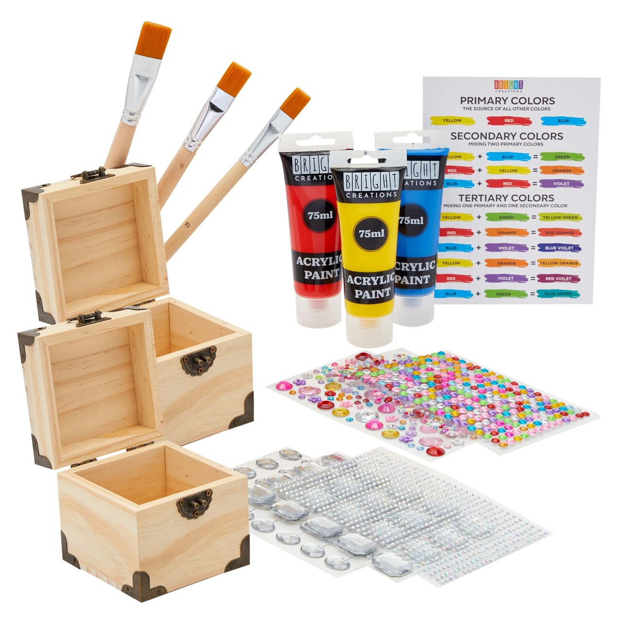2 Pack Unfinished Wooden Boxes with Hinged Lids, 3 Acrylic Paint Tubes, 3 Paintbrushes, 6 Rhinestone Sticker Sheets